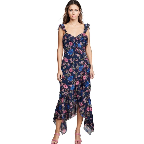 WAYF Shopbop Women's Issy Ruffle Strap Midi Dress Navy Floral Small - Picture 1 of 6